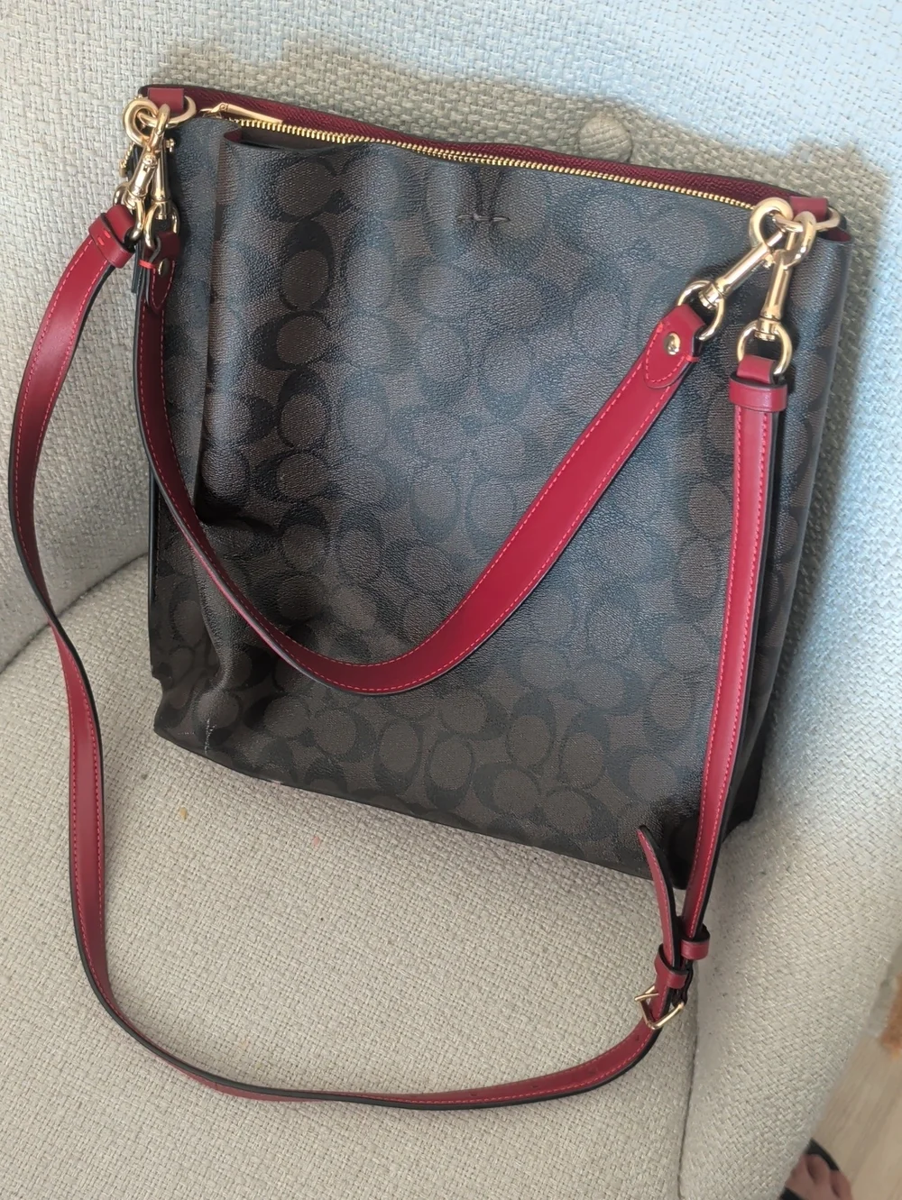 Coach Brown Signature Shoulder Bag with Red Strap